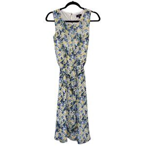JBS Petite Blue Yellow Floral Sleeveless Waist Tie Midi Dress 8P